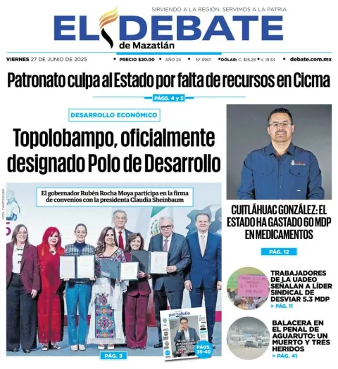 Portada de El Debate de Mazatlan del viernes, 27 de junio de 2025