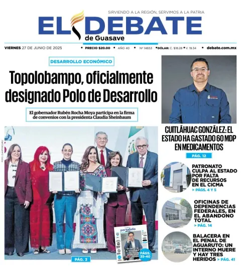 Portada de El Debate de Guasave del viernes, 27 de junio de 2025