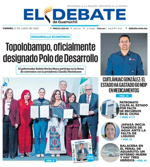 Portada de El Debate de Guamuchil del viernes, 27 de junio de 2025