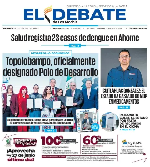Portada de El Debate de los Mochis del viernes, 27 de junio de 2025
