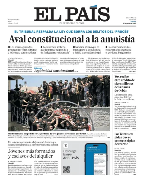 Portada de El Pais del viernes, 27 de junio de 2025