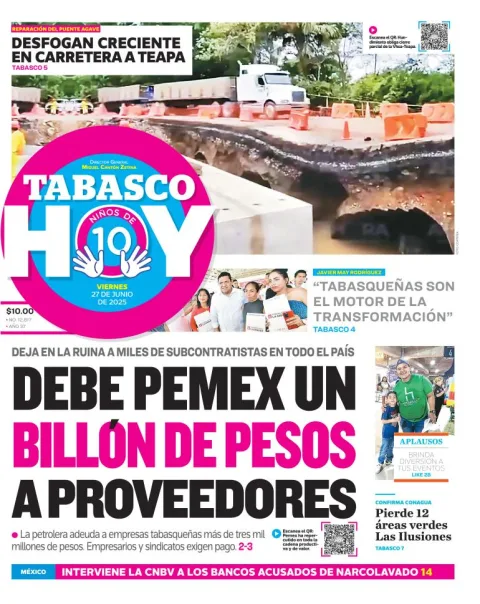 Portada de Tabasco Hoy del viernes, 27 de junio de 2025