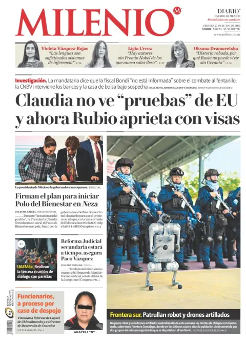 Portada de Milenio Edo de Mexico del viernes, 27 de junio de 2025