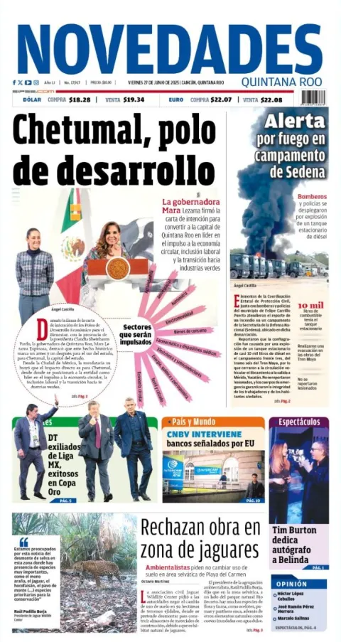 Portada de Novedades Quintana Roo del viernes, 27 de junio de 2025