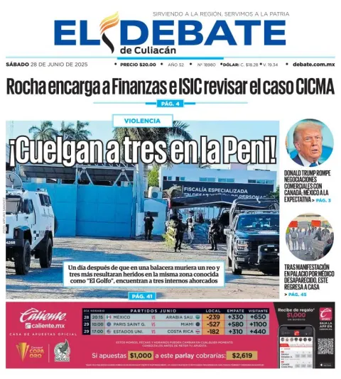 Portada de El Debate de Culiacan del sábado, 28 de junio de 2025