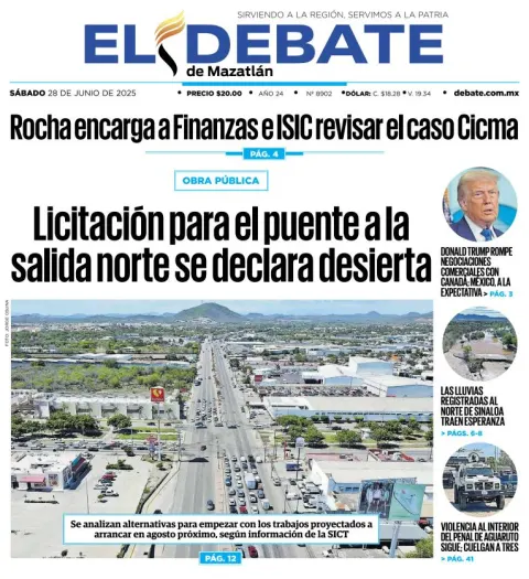 Portada de El Debate de Mazatlan del sábado, 28 de junio de 2025