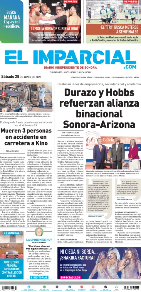 Portada de El Imparcial del sábado, 28 de junio de 2025