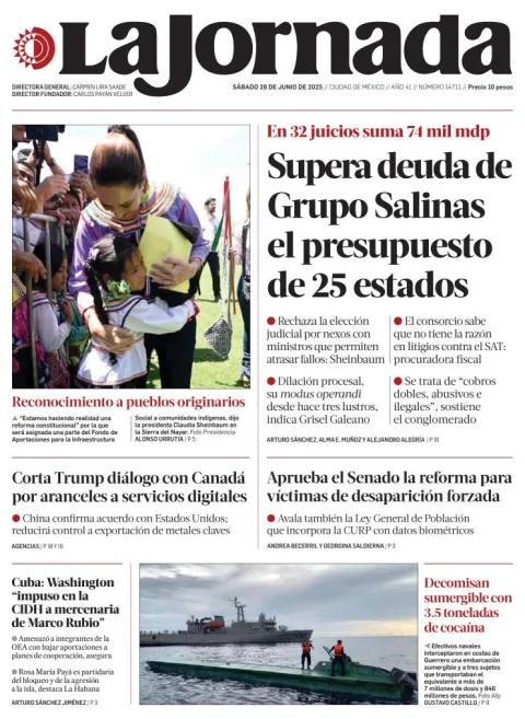 Portada de La Jornada del sábado, 28 de junio de 2025