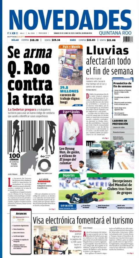 Portada de Novedades Quintana Roo del sábado, 28 de junio de 2025