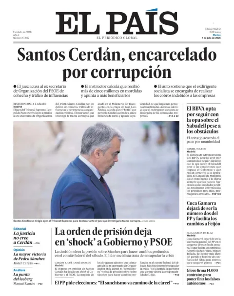Portada de El Pais del martes, 1 de julio de 2025