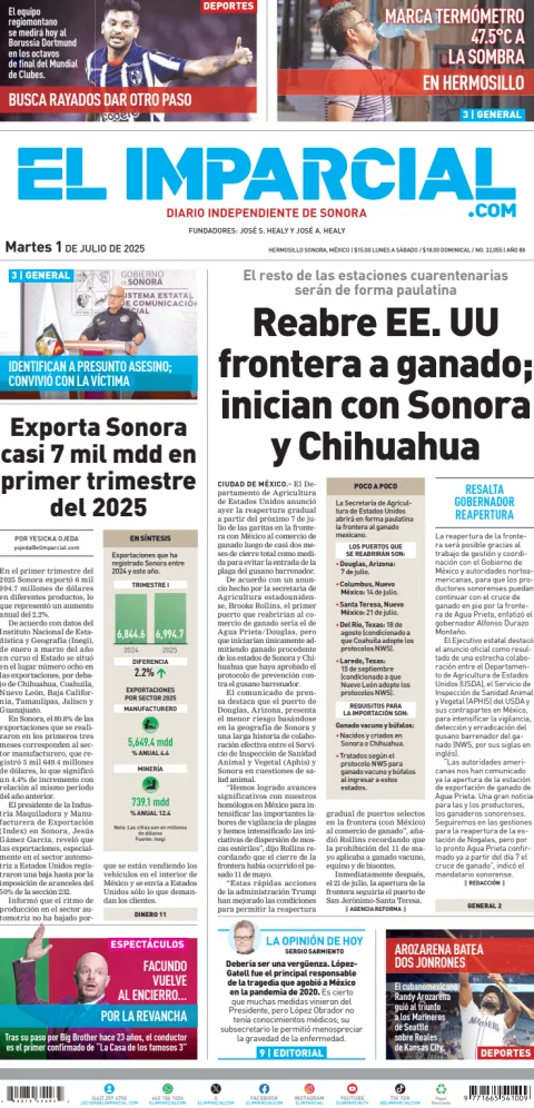 Portada de El Imparcial del martes, 1 de julio de 2025