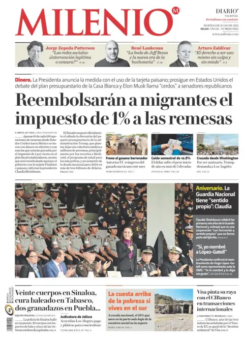 Portada de Milenio del martes, 1 de julio de 2025