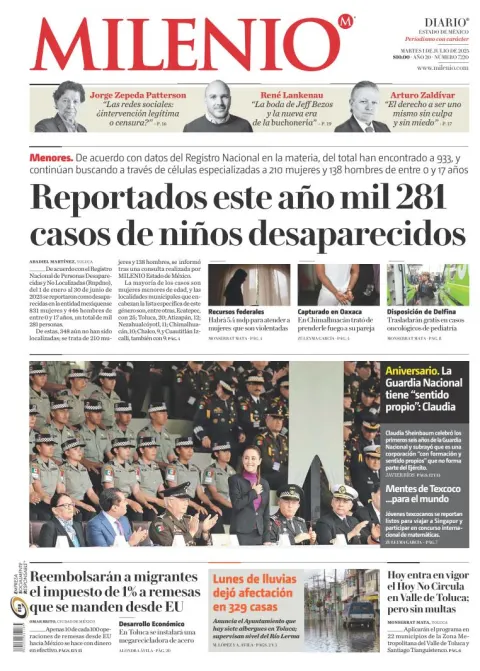 Portada de Milenio Edo de Mexico del martes, 1 de julio de 2025