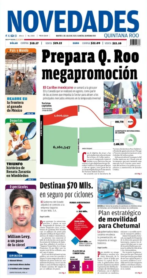 Portada de Novedades Quintana Roo del martes, 1 de julio de 2025
