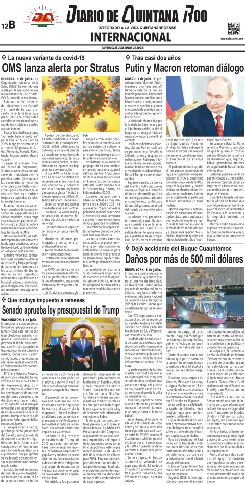 Portada de Diario de Quintana Roo (contra Portada)