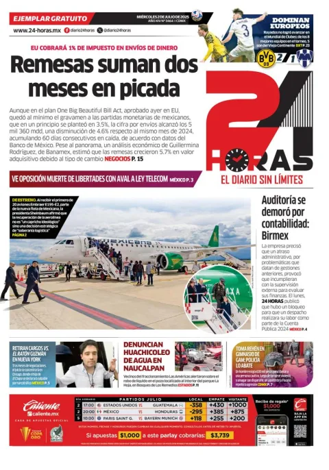 Portada de 24 Horas del miércoles, 2 de julio de 2025