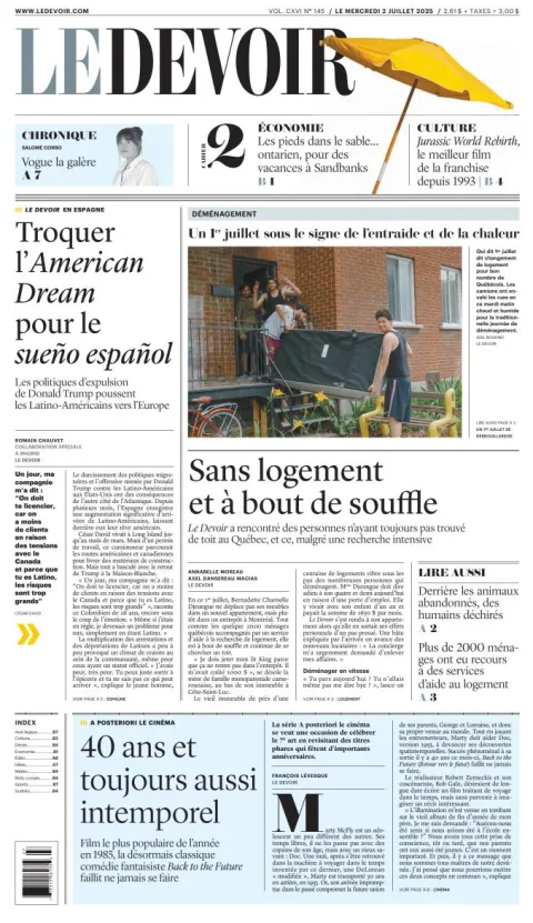 Portada de Le Devoir del miércoles, 2 de julio de 2025