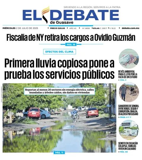 Portada de El Debate de Guasave del miércoles, 2 de julio de 2025
