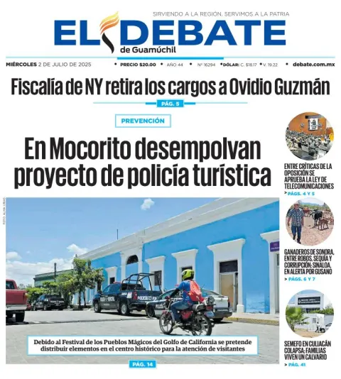Portada de El Debate de Guamuchil del miércoles, 2 de julio de 2025