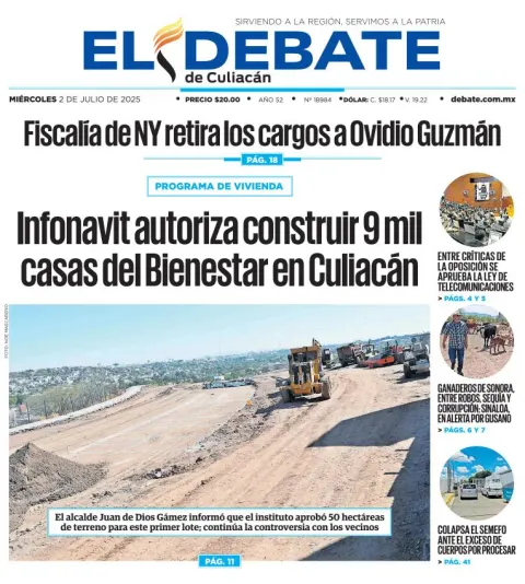Portada de El Debate de Culiacan del miércoles, 2 de julio de 2025