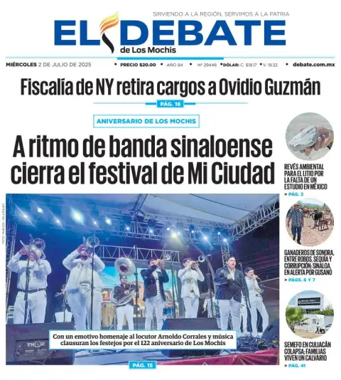 Portada de El Debate de los Mochis del miércoles, 2 de julio de 2025