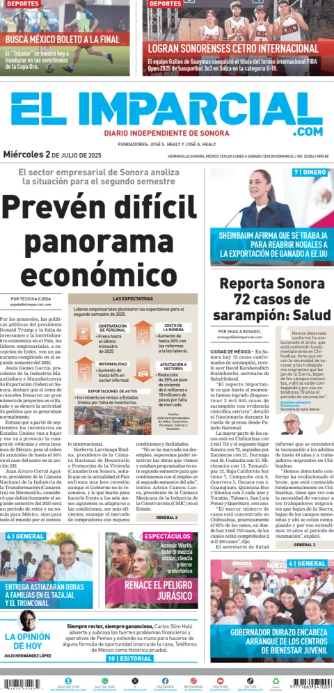 Portada de El Imparcial del miércoles, 2 de julio de 2025