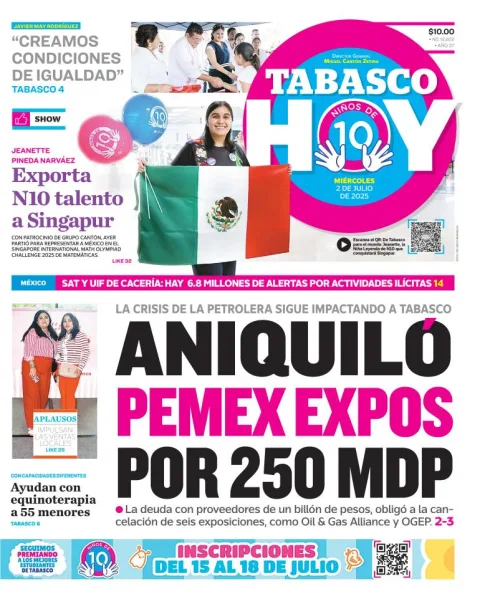 Portada de Tabasco Hoy del miércoles, 2 de julio de 2025