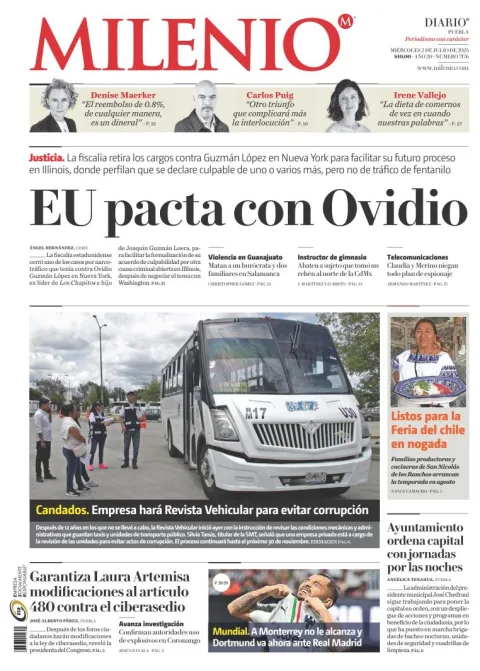 Portada de Milenio Puebla del miércoles, 2 de julio de 2025