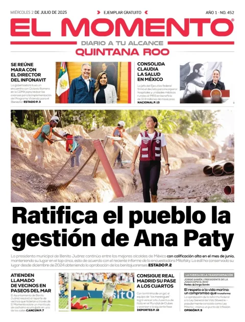 Portada de El Momento Quintana Roo del miércoles, 2 de julio de 2025