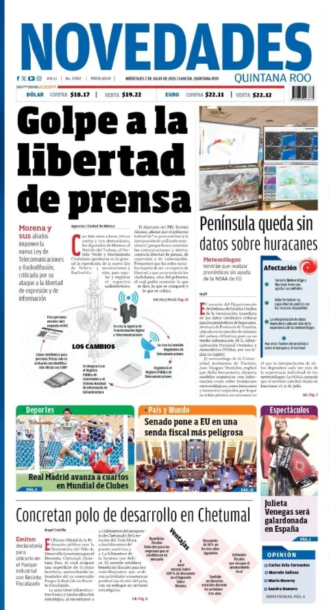 Portada de Novedades Quintana Roo del miércoles, 2 de julio de 2025