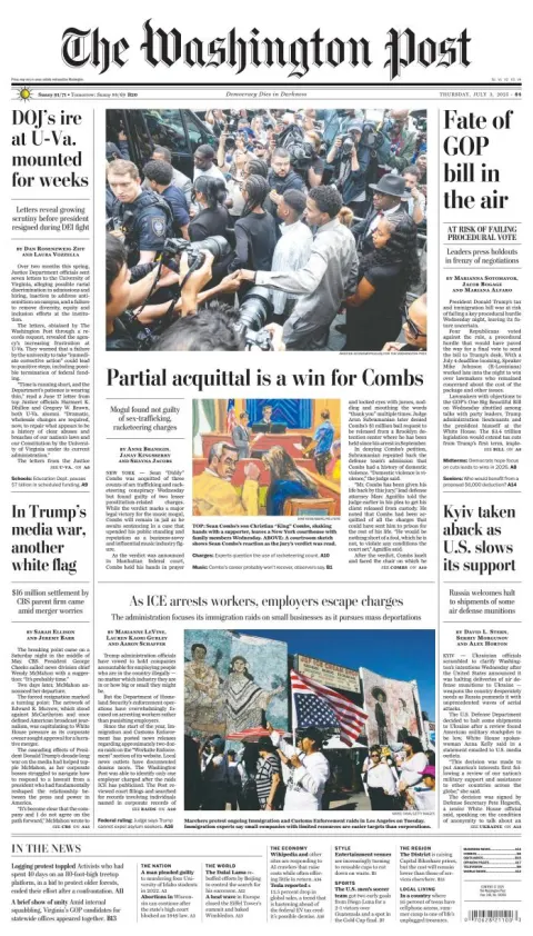 Portada de The Washington Post del jueves, 3 de julio de 2025