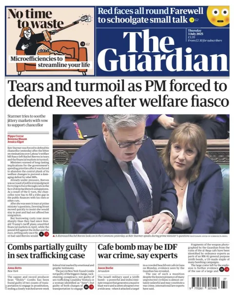 Portada de The Guardian (reino Unido) del jueves, 3 de julio de 2025