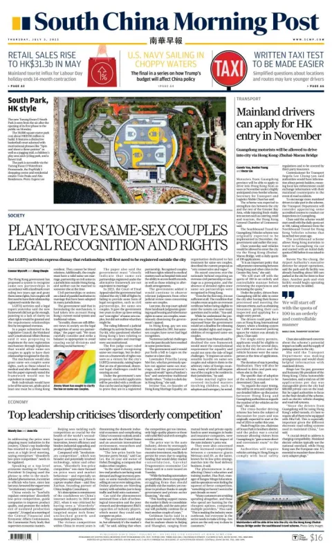 Portada de South China Morning Post del jueves, 3 de julio de 2025