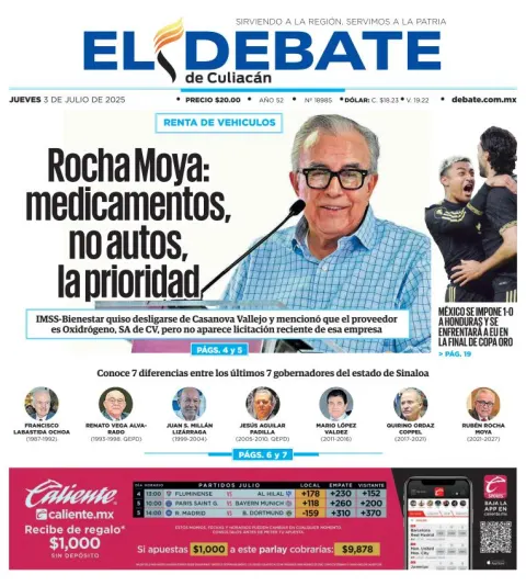 Portada de El Debate de Culiacan del jueves, 3 de julio de 2025