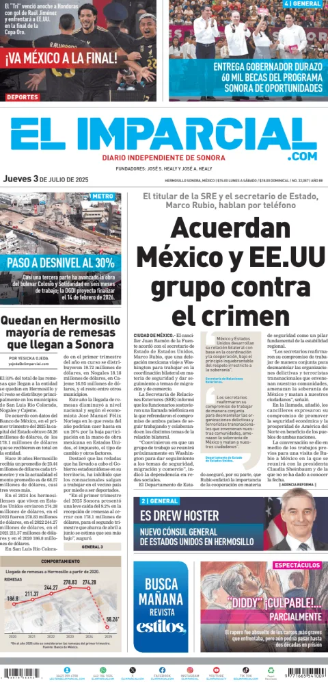 Portada de El Imparcial del jueves, 3 de julio de 2025