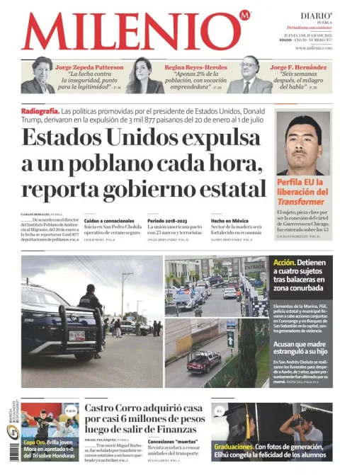 Portada de Milenio Puebla del jueves, 3 de julio de 2025