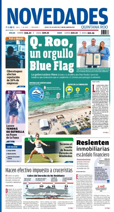 Portada de Novedades Quintana Roo del jueves, 3 de julio de 2025