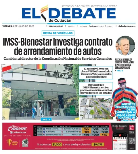 Portada de El Debate de Culiacan del viernes, 4 de julio de 2025