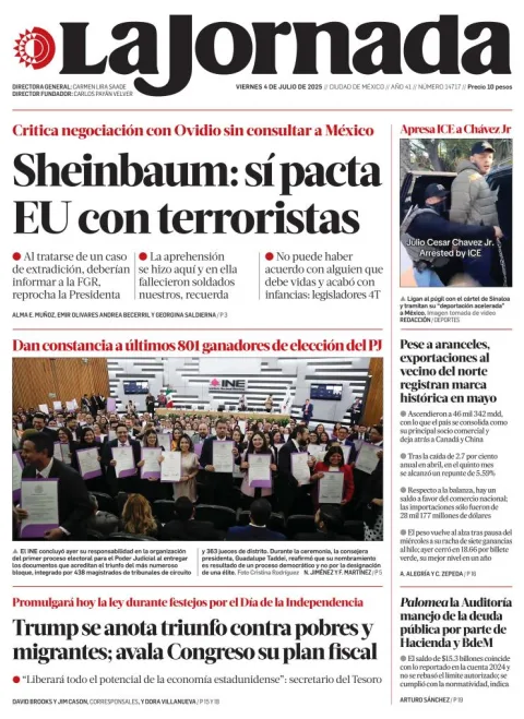 Portada de La Jornada del viernes, 4 de julio de 2025