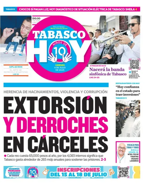 Portada de Tabasco Hoy del viernes, 4 de julio de 2025
