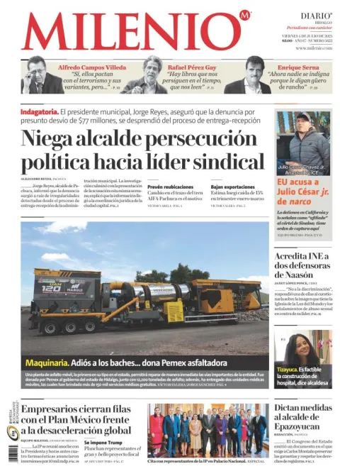 Portada de Milenio Hidalgo del viernes, 4 de julio de 2025