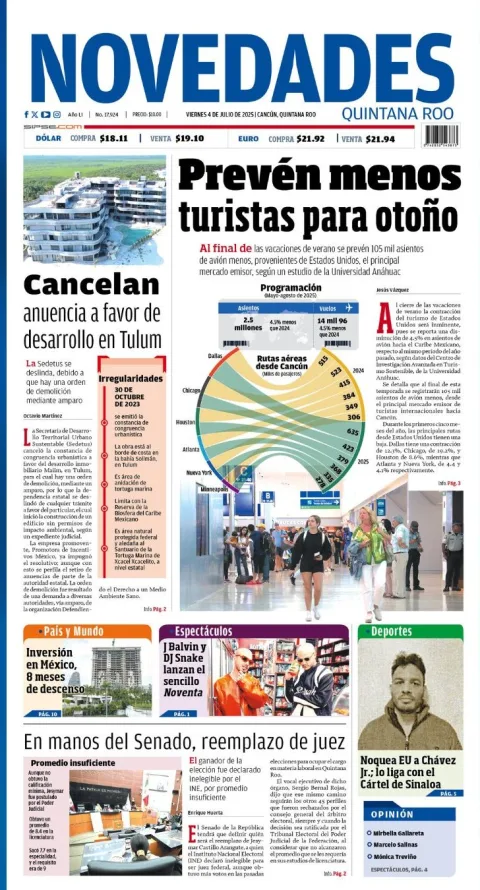 Portada de Novedades Quintana Roo del viernes, 4 de julio de 2025