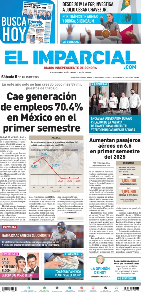Portada de El Imparcial del sábado, 5 de julio de 2025