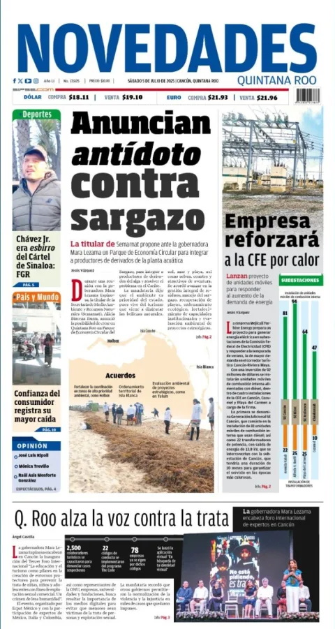 Portada de Novedades Quintana Roo del sábado, 5 de julio de 2025