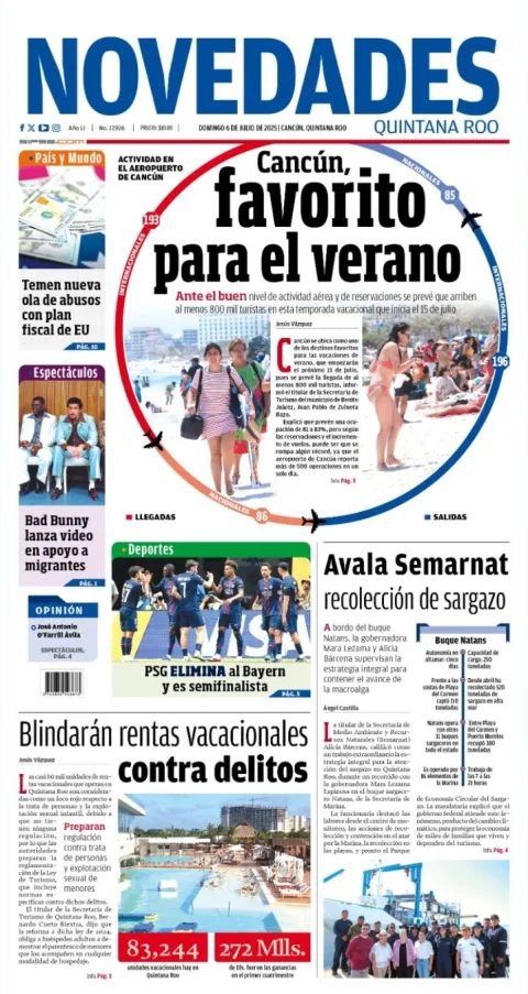 Portada de Novedades Quintana Roo del domingo, 6 de julio de 2025