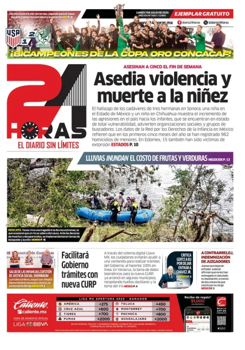 Portada de 24 Horas del lunes, 7 de julio de 2025