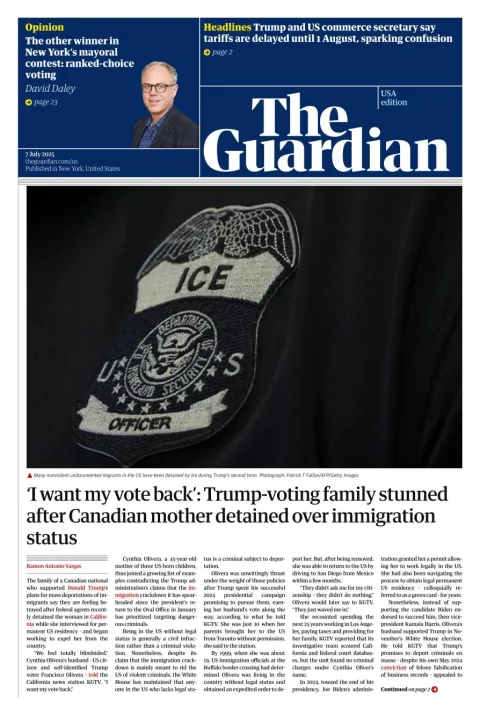 Portada de The Guardian (usa) del 2025-07-07