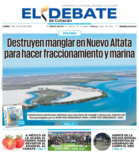 Portada de El Debate de Culiacan del lunes, 7 de julio de 2025