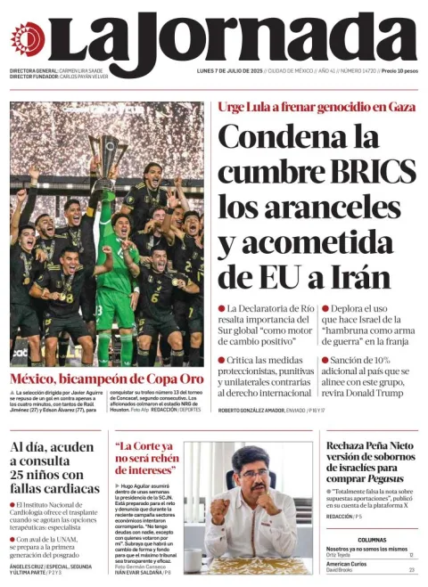 Portada de La Jornada del lunes, 7 de julio de 2025