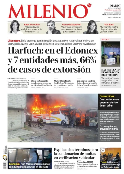 Portada de Milenio Edo de Mexico del lunes, 7 de julio de 2025